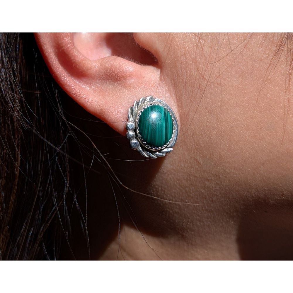 Navajo Old Pawn Malachite Earrings 925 Sterling Silver Handmade Unsigned ***